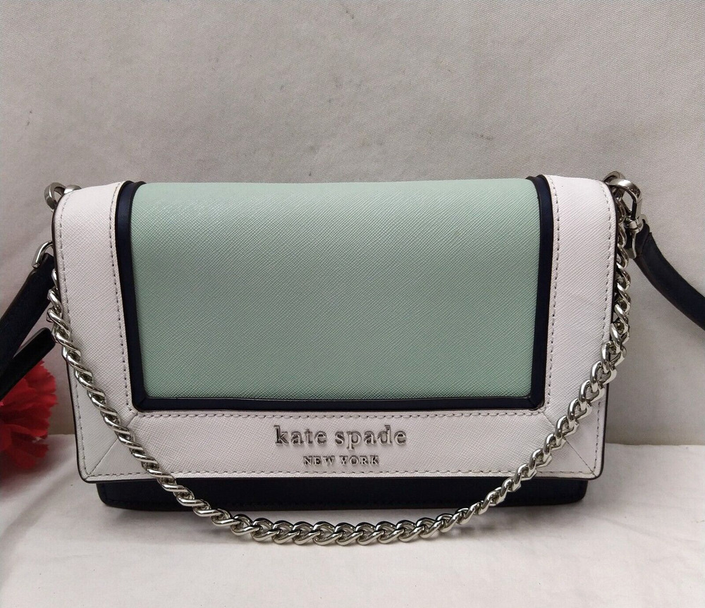 Kate Spade Colorblock Blue White Leather Chain Strap Flap Closure Crossbody Bag